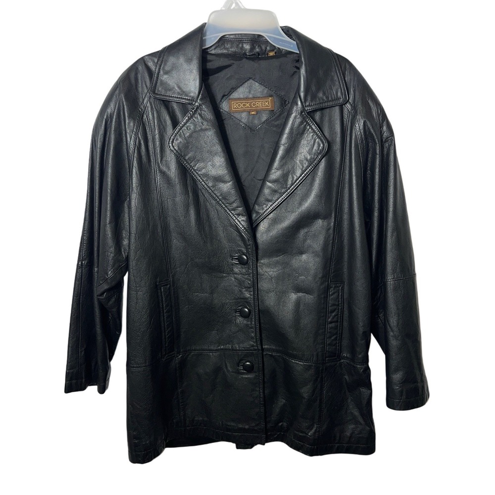 90s Leather Jacket Vintage Rock Creek Minimalist Black Genuine Leather Oversized